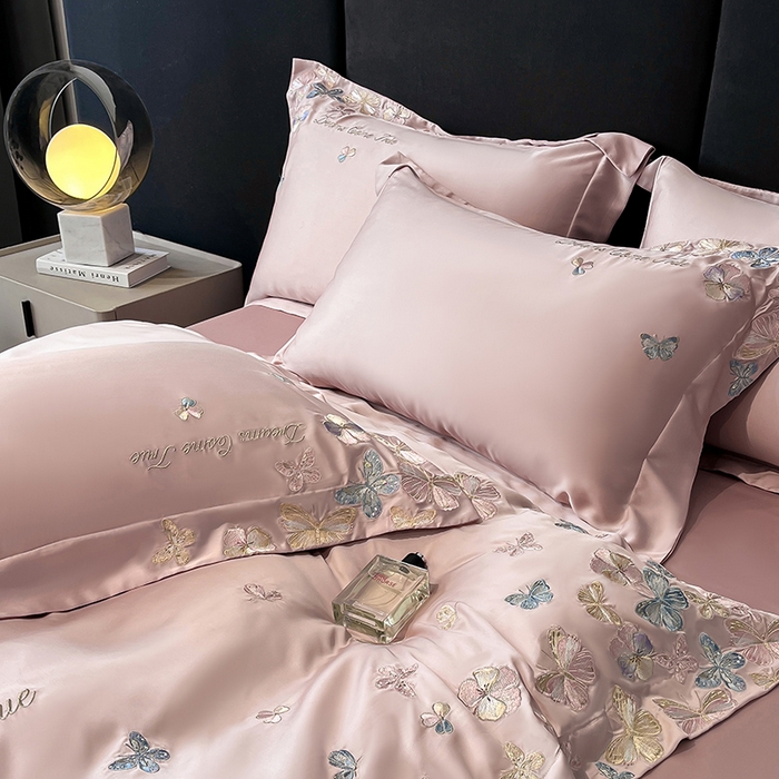 91家纺网 家纺一手货源 找家纺 置顶家纺 2025新款双面水洗天丝四件套-花不尽 花不尽-浅豆沙