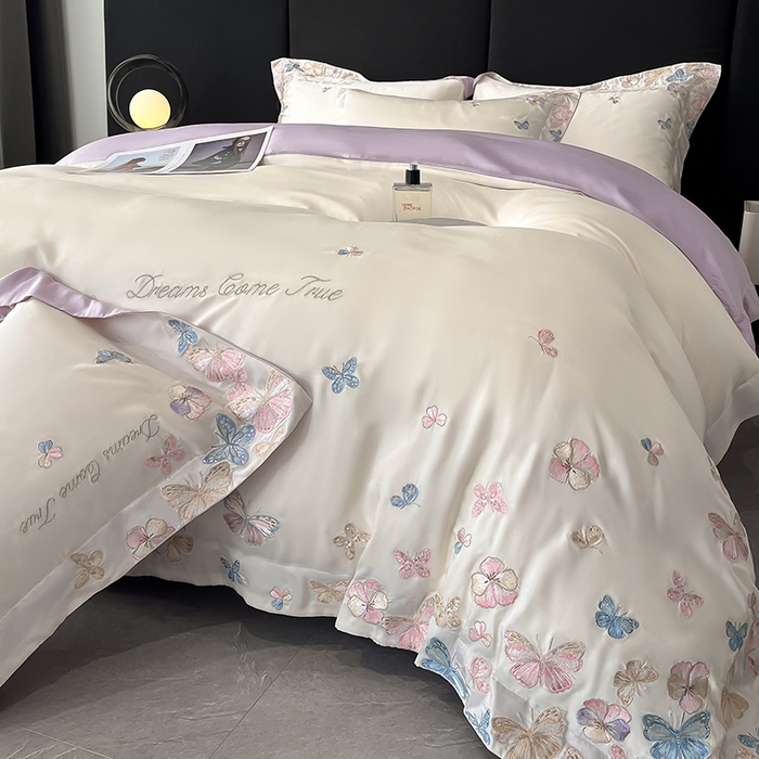 91家纺网 家纺一手货源 找家纺 置顶家纺 2025新款双面水洗天丝四件套-花不尽 花不尽-白+香芋紫