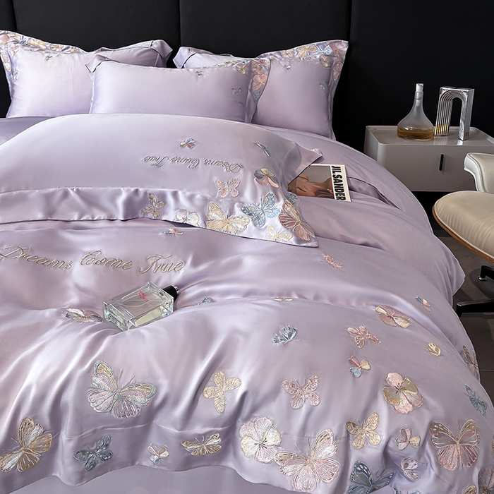 91家纺网 家纺一手货源 找家纺 置顶家纺 2025新款双面水洗天丝四件套-花不尽 花不尽-香芋紫