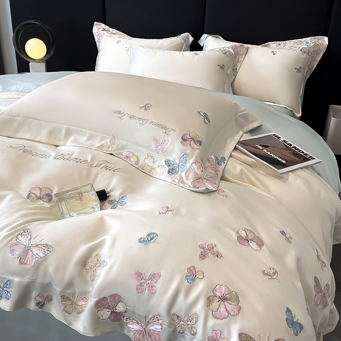 91家纺网 家纺一手货源 找家纺 置顶家纺 2025新款双面水洗天丝四件套-花不尽 花不尽-白+蓝