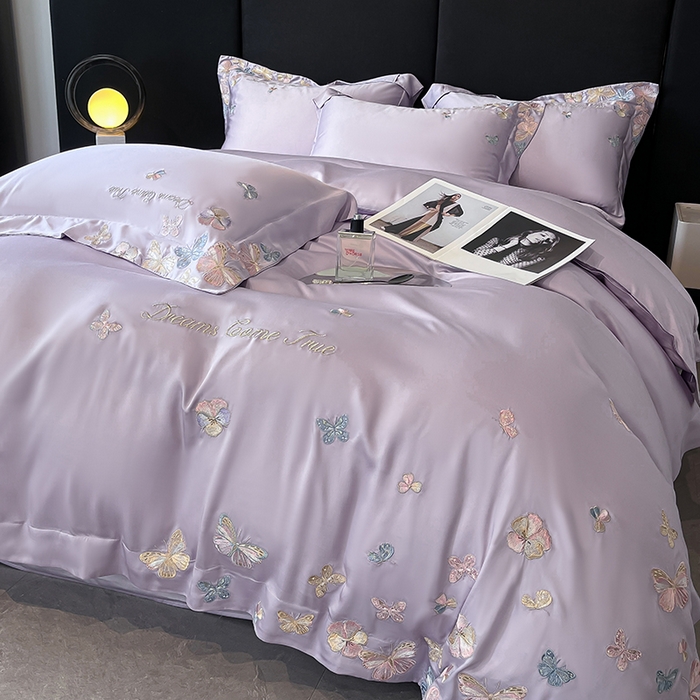 91家纺网 家纺一手货源 找家纺 置顶家纺 2025新款双面水洗天丝四件套-花不尽 花不尽-香芋紫