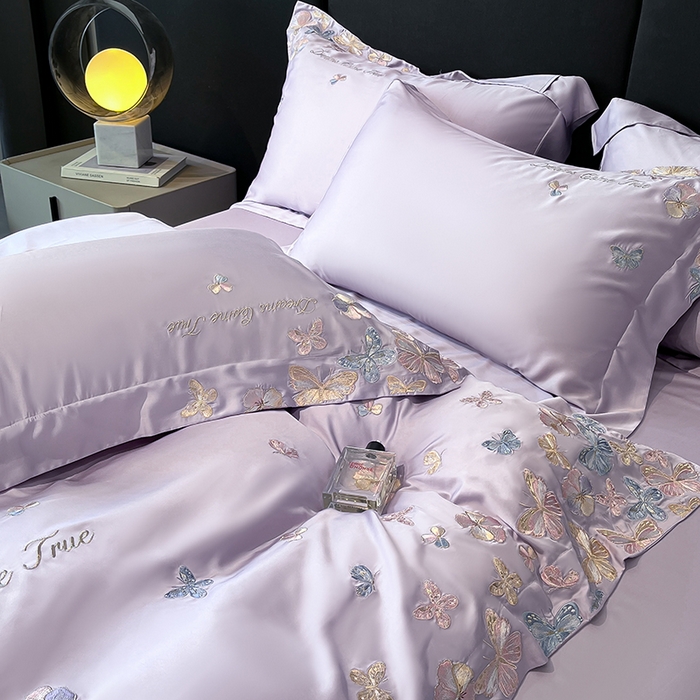 91家纺网 家纺一手货源 找家纺 置顶家纺 2025新款双面水洗天丝四件套-花不尽 花不尽-香芋紫