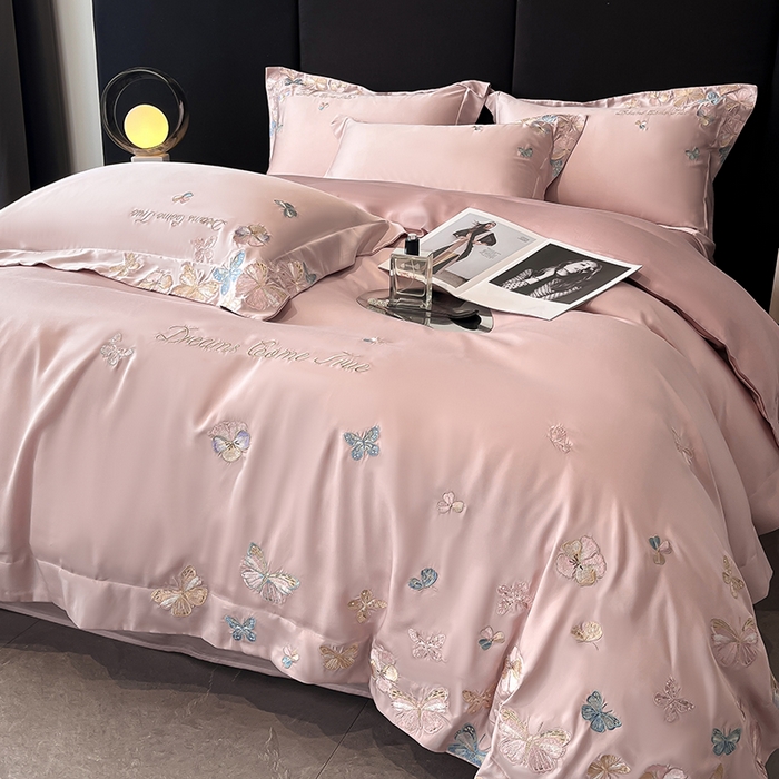 91家纺网 家纺一手货源 找家纺 置顶家纺 2025新款双面水洗天丝四件套-花不尽 花不尽-浅豆沙