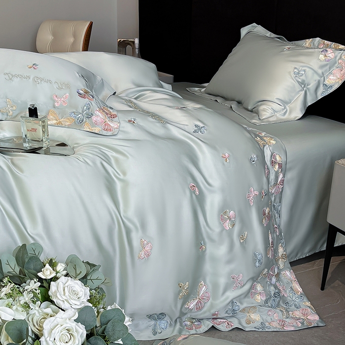 91家纺网 家纺一手货源 找家纺 置顶家纺 2025新款双面水洗天丝四件套-花不尽 花不尽-繁星蓝