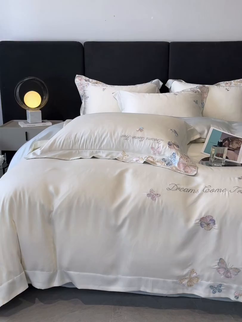 91家纺网 家纺一手货源 找家纺 置顶家纺 2025新款双面水洗天丝四件套-花不尽 花不尽-白+蓝