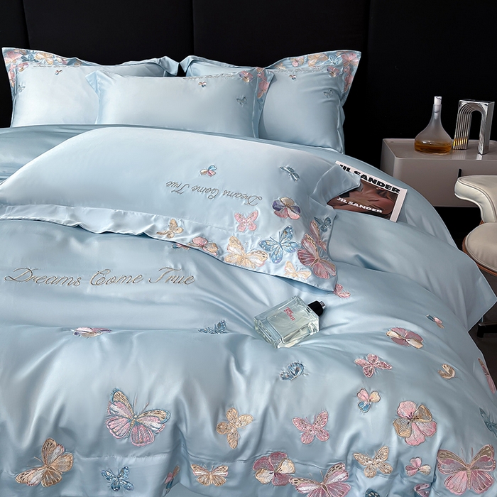 91家纺网 家纺一手货源 找家纺 置顶家纺 2025新款双面水洗天丝四件套-花不尽 花不尽-天蓝