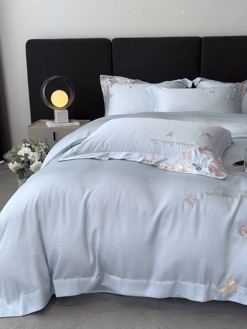 91家纺网 家纺一手货源 找家纺 置顶家纺 2025新款双面水洗天丝四件套-花不尽 花不尽-天蓝