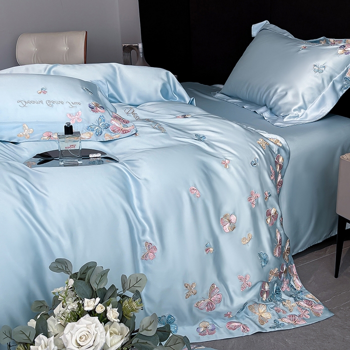 91家纺网 家纺一手货源 找家纺 置顶家纺 2025新款双面水洗天丝四件套-花不尽 花不尽-天蓝