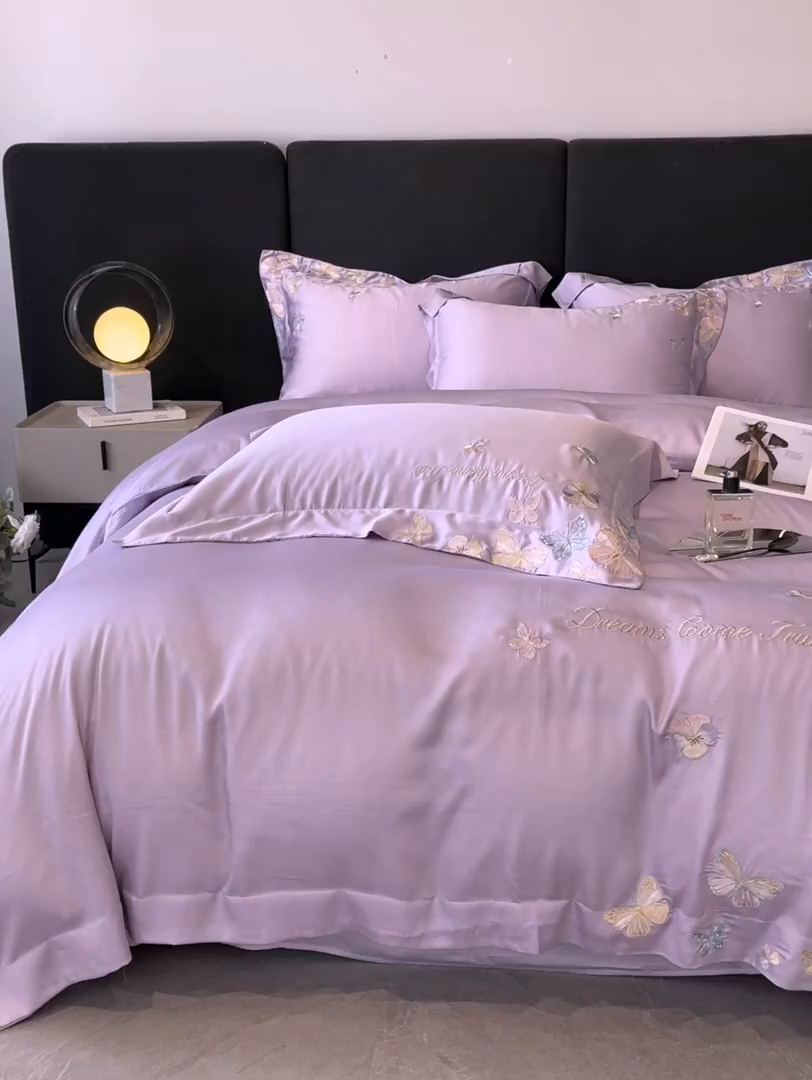 91家纺网 家纺一手货源 找家纺 置顶家纺 2025新款双面水洗天丝四件套-花不尽 花不尽-香芋紫