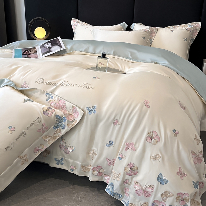 91家纺网 家纺一手货源 找家纺 置顶家纺 2025新款双面水洗天丝四件套-花不尽 花不尽-白+蓝