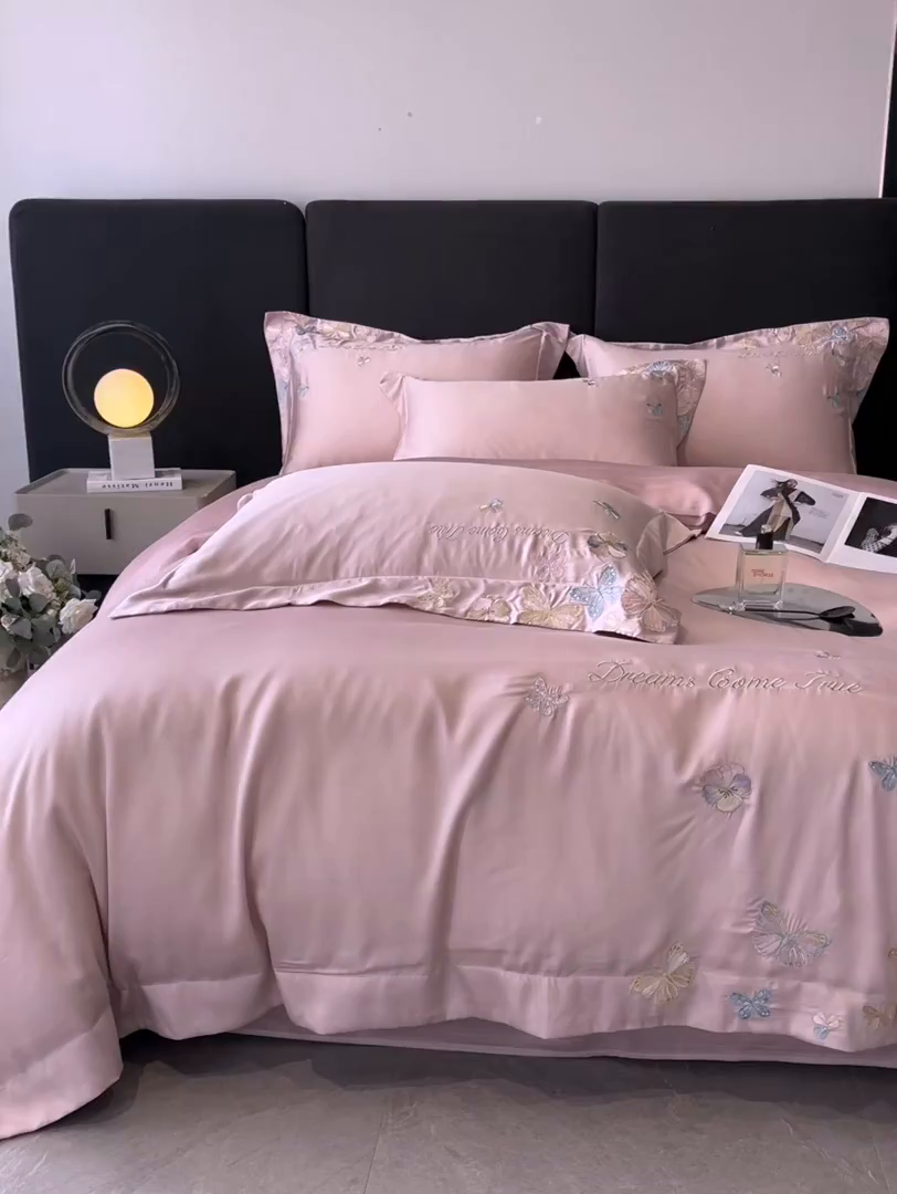 91家纺网 家纺一手货源 找家纺 置顶家纺 2025新款双面水洗天丝四件套-花不尽 花不尽-浅豆沙