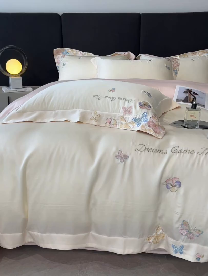 91家纺网 家纺一手货源 找家纺 置顶家纺 2025新款双面水洗天丝四件套-花不尽 花不尽-白+粉