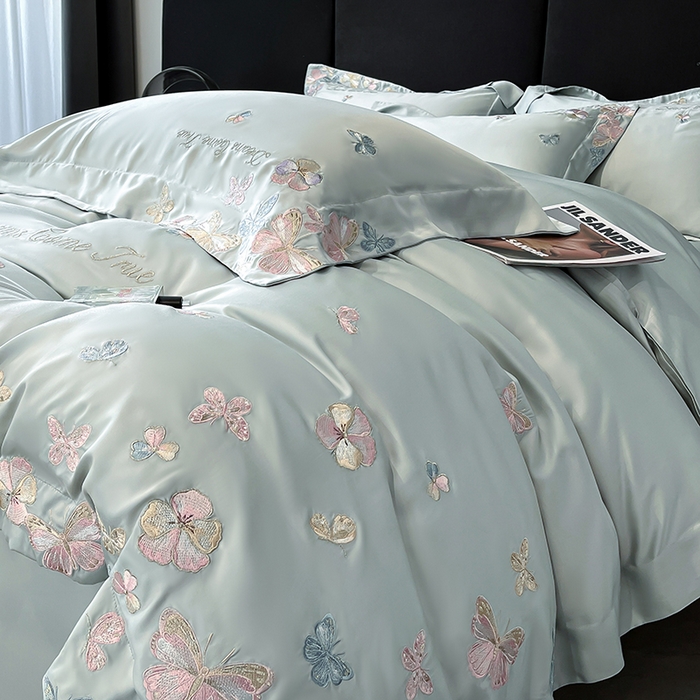 91家纺网 家纺一手货源 找家纺 置顶家纺 2025新款双面水洗天丝四件套-花不尽 花不尽-繁星蓝