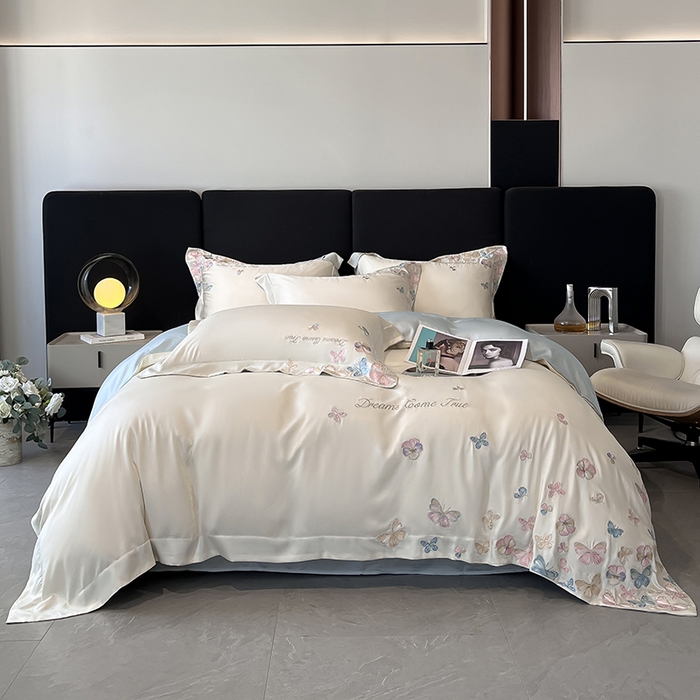 91家纺网 家纺一手货源 找家纺 置顶家纺 2025新款双面水洗天丝四件套-花不尽 花不尽-白+蓝