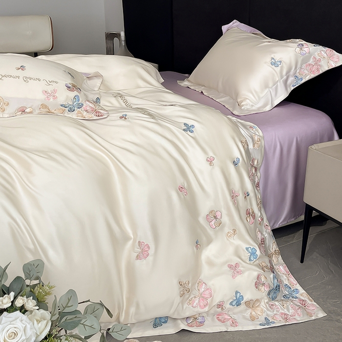 91家纺网 家纺一手货源 找家纺 置顶家纺 2025新款双面水洗天丝四件套-花不尽 花不尽-白+香芋紫