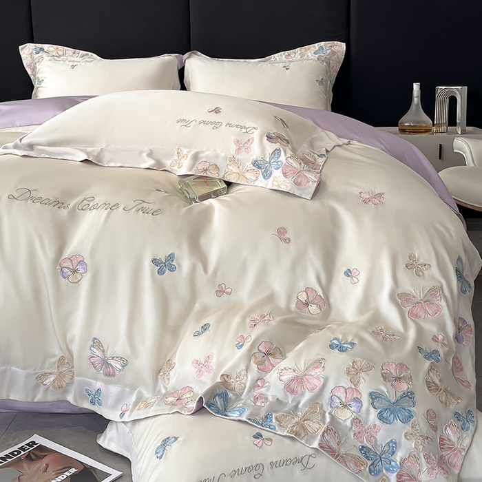 91家纺网 家纺一手货源 找家纺 置顶家纺 2025新款双面水洗天丝四件套-花不尽 花不尽-白+香芋紫