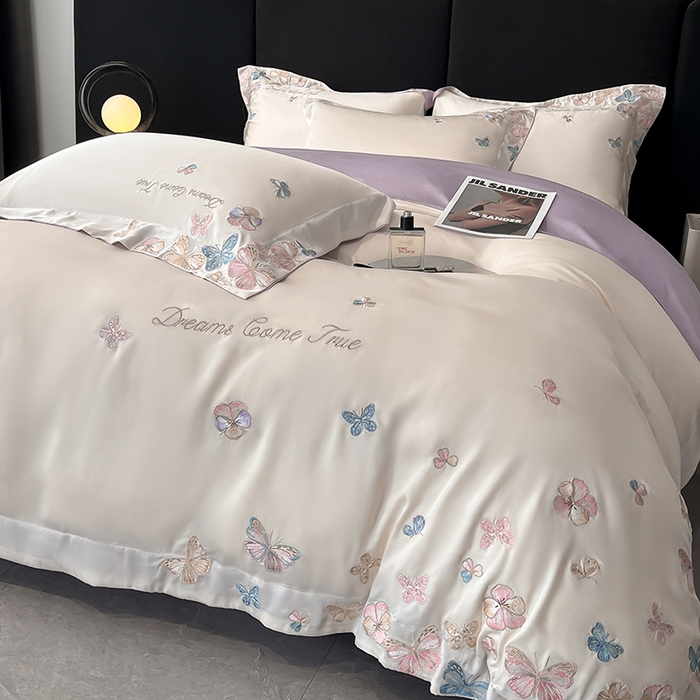 91家纺网 家纺一手货源 找家纺 置顶家纺 2025新款双面水洗天丝四件套-花不尽 花不尽-白+香芋紫