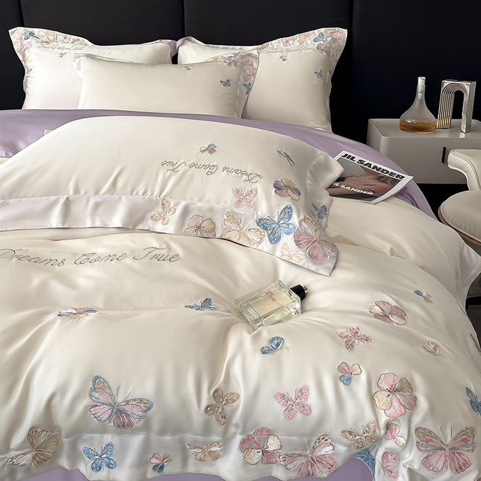 91家纺网 家纺一手货源 找家纺 置顶家纺 2025新款双面水洗天丝四件套-花不尽 花不尽-白+香芋紫