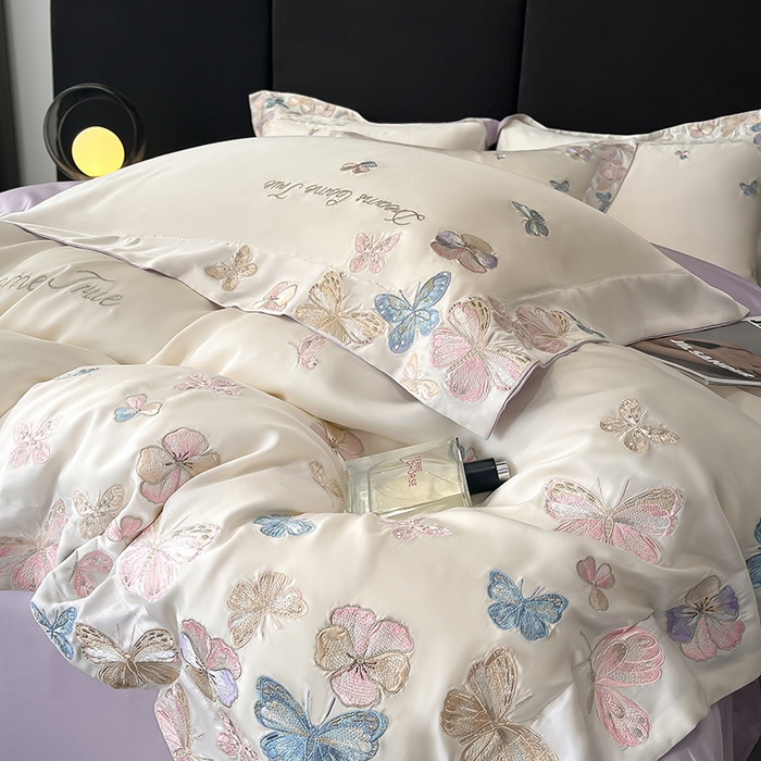 91家纺网 家纺一手货源 找家纺 置顶家纺 2025新款双面水洗天丝四件套-花不尽 花不尽-白+香芋紫