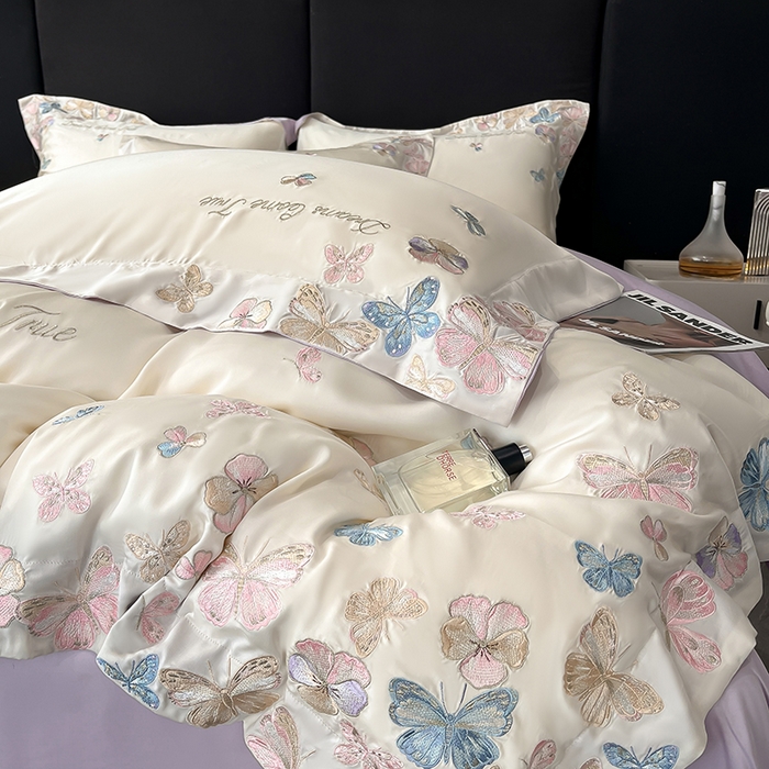 91家纺网 家纺一手货源 找家纺 置顶家纺 2025新款双面水洗天丝四件套-花不尽 花不尽-白+香芋紫