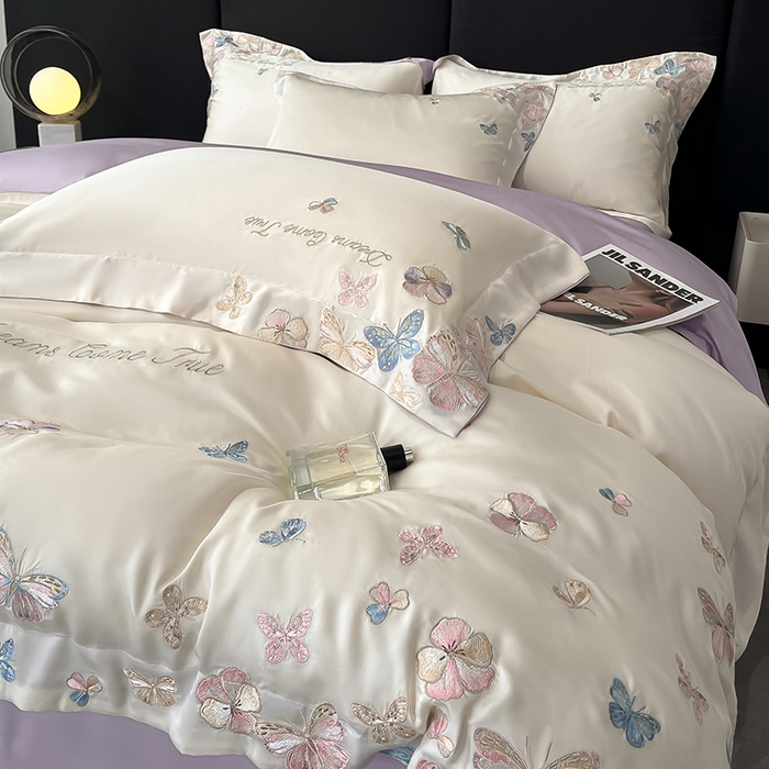 91家纺网 家纺一手货源 找家纺 置顶家纺 2025新款双面水洗天丝四件套-花不尽 花不尽-白+香芋紫