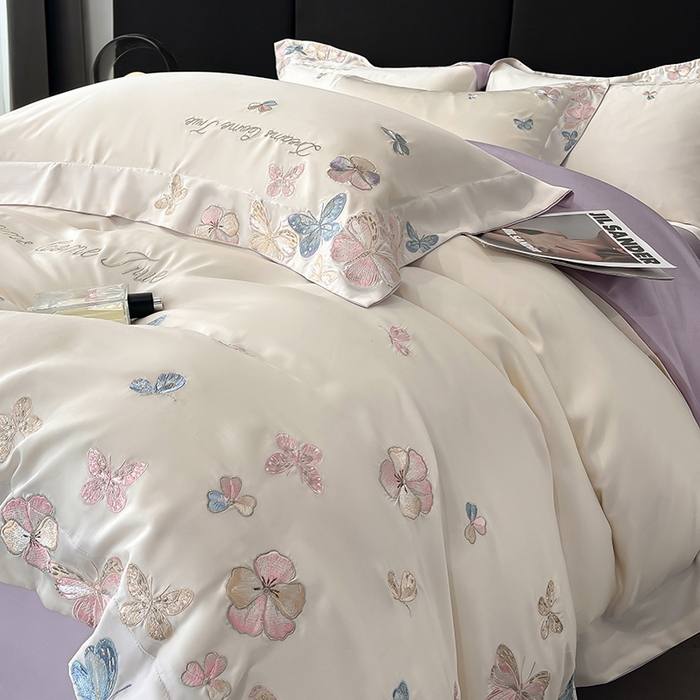 91家纺网 家纺一手货源 找家纺 置顶家纺 2025新款双面水洗天丝四件套-花不尽 花不尽-白+香芋紫