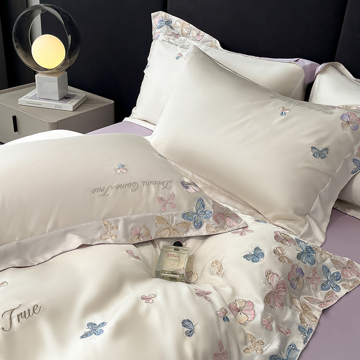 91家纺网 家纺一手货源 找家纺 置顶家纺 2025新款双面水洗天丝四件套-花不尽 花不尽-白+香芋紫