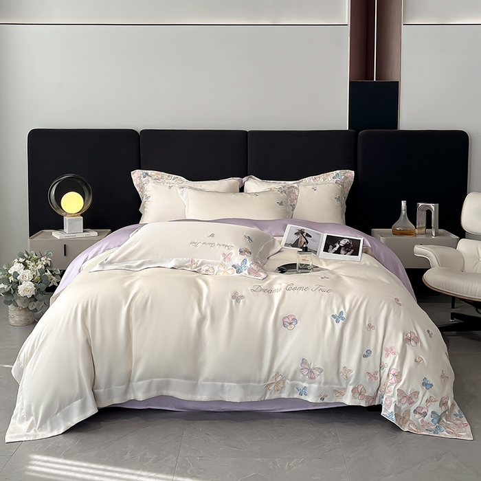 91家纺网 家纺一手货源 找家纺 置顶家纺 2025新款双面水洗天丝四件套-花不尽 花不尽-白+香芋紫