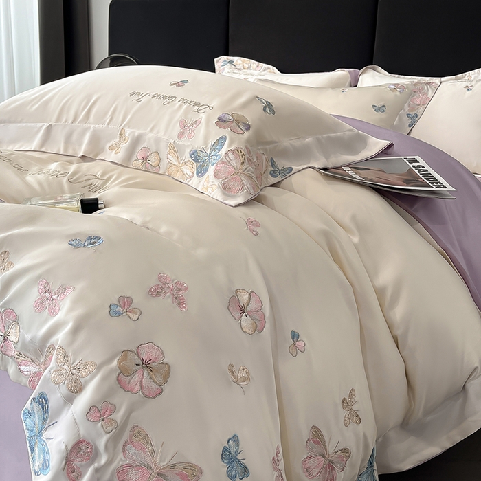 91家纺网 家纺一手货源 找家纺 置顶家纺 2025新款双面水洗天丝四件套-花不尽 花不尽-白+香芋紫