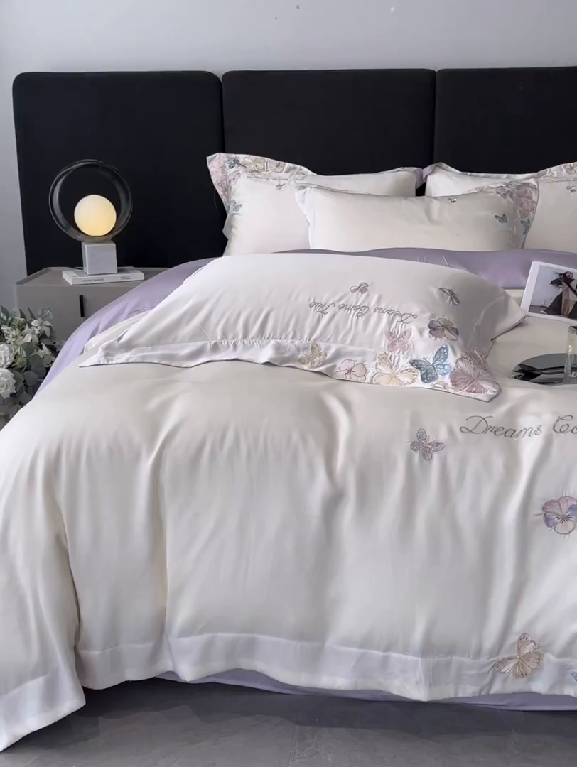 91家纺网 家纺一手货源 找家纺 置顶家纺 2025新款双面水洗天丝四件套-花不尽 花不尽-白+香芋紫