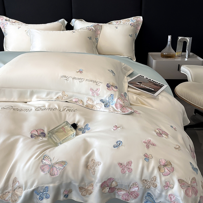 91家纺网 家纺一手货源 找家纺 置顶家纺 2025新款双面水洗天丝四件套-花不尽 花不尽-白+蓝