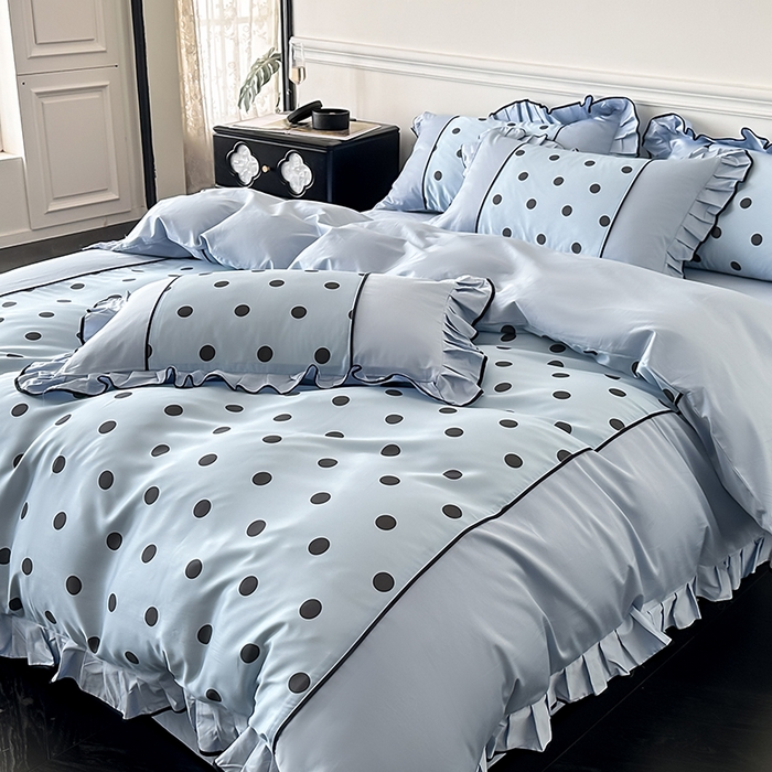 91家纺网 家纺一手货源 找家纺 置顶家纺 2025新款波点双面水洗天丝四件套 波点-浅蓝
