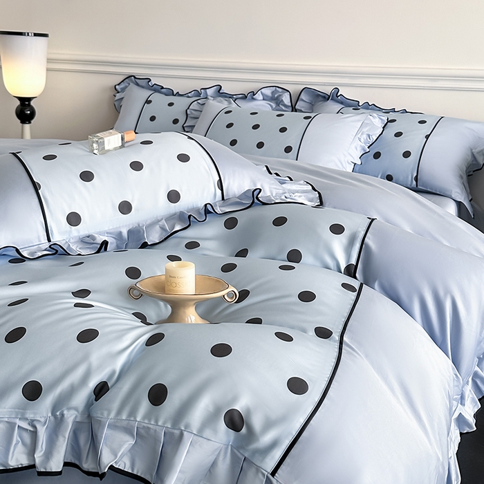 91家纺网 家纺一手货源 找家纺 置顶家纺 2025新款波点双面水洗天丝四件套 波点-浅蓝