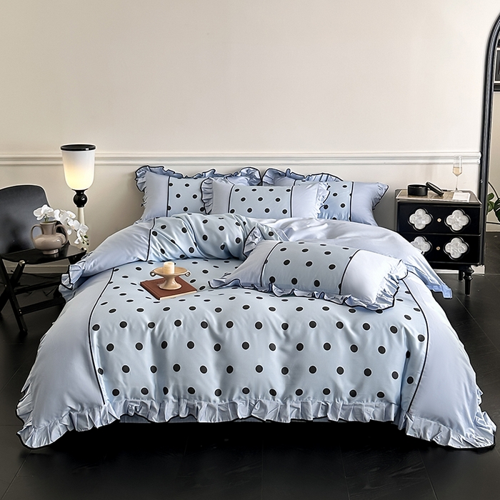 91家纺网 家纺一手货源 找家纺 置顶家纺 2025新款波点双面水洗天丝四件套 波点-浅蓝