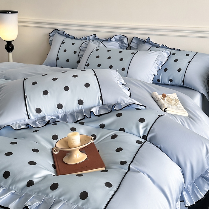 91家纺网 家纺一手货源 找家纺 置顶家纺 2025新款波点双面水洗天丝四件套 波点-浅蓝
