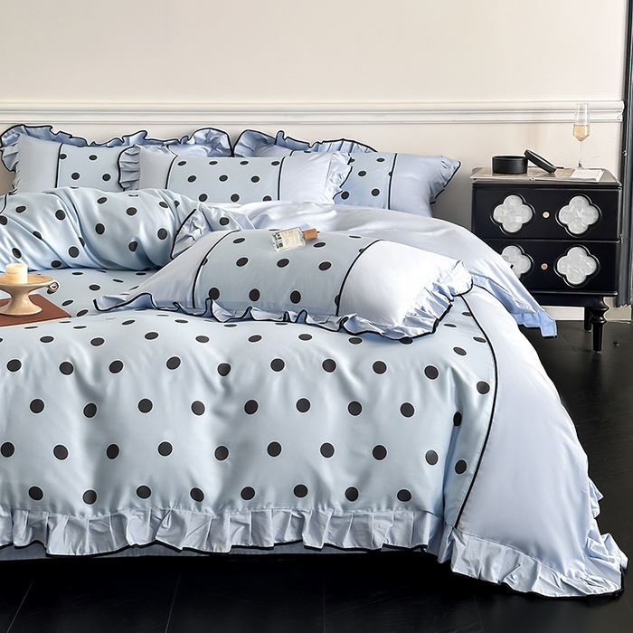 91家纺网 家纺一手货源 找家纺 置顶家纺 2025新款波点双面水洗天丝四件套 波点-浅蓝