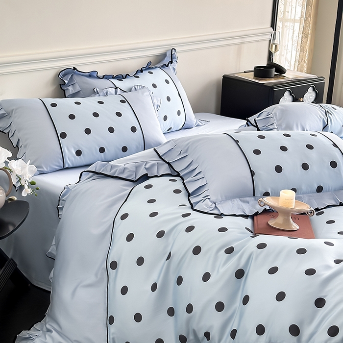 91家纺网 家纺一手货源 找家纺 置顶家纺 2025新款波点双面水洗天丝四件套 波点-浅蓝