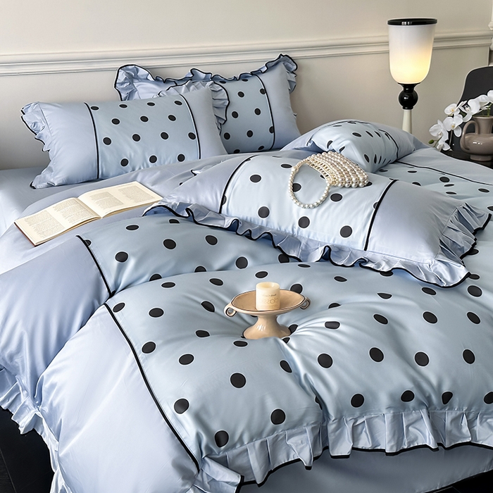 91家纺网 家纺一手货源 找家纺 置顶家纺 2025新款波点双面水洗天丝四件套 波点-浅蓝