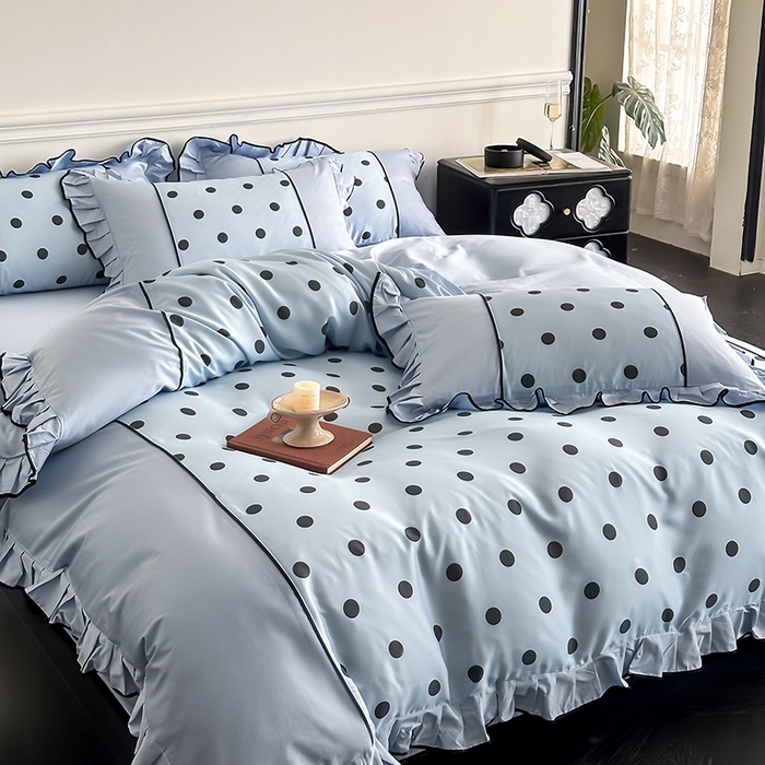 91家纺网 家纺一手货源 找家纺 置顶家纺 2025新款波点双面水洗天丝四件套 波点-浅蓝