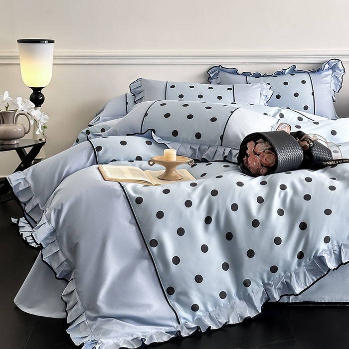 91家纺网 家纺一手货源 找家纺 置顶家纺 2025新款波点双面水洗天丝四件套 波点-浅蓝