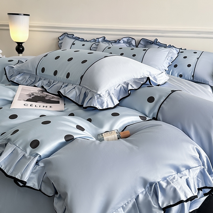 91家纺网 家纺一手货源 找家纺 置顶家纺 2025新款波点双面水洗天丝四件套 波点-浅蓝