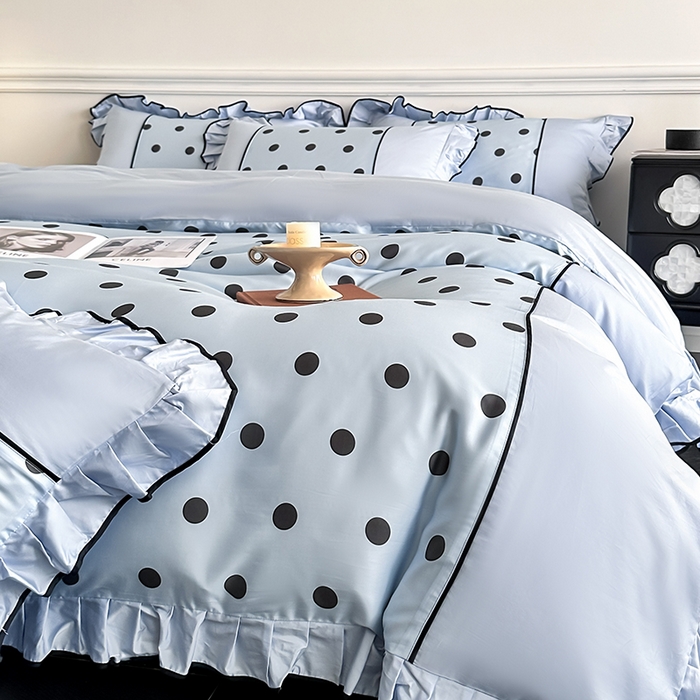 91家纺网 家纺一手货源 找家纺 置顶家纺 2025新款波点双面水洗天丝四件套 波点-浅蓝