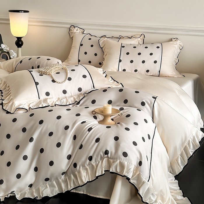 91家纺网 家纺一手货源 找家纺 置顶家纺 2025新款波点双面水洗天丝四件套 波点-奶昔白