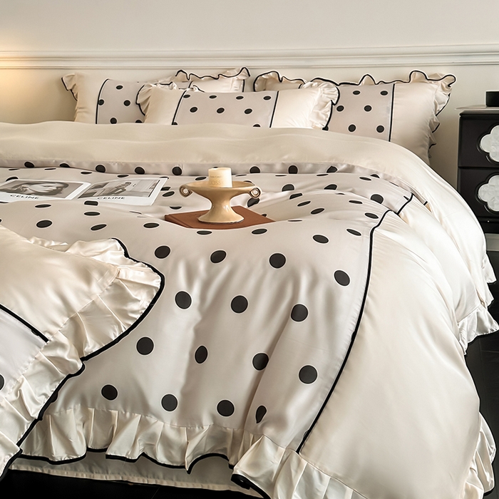 91家纺网 家纺一手货源 找家纺 置顶家纺 2025新款波点双面水洗天丝四件套 波点-奶昔白