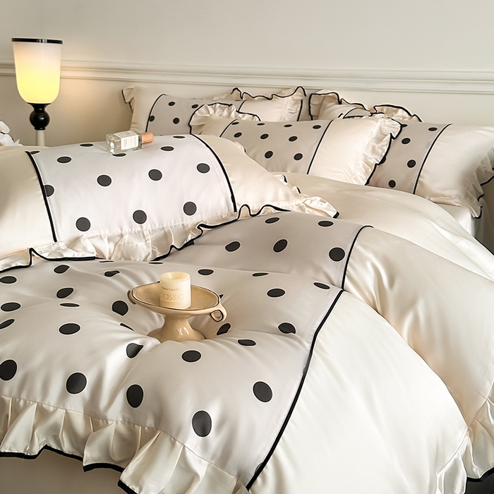 91家纺网 家纺一手货源 找家纺 置顶家纺 2025新款波点双面水洗天丝四件套 波点-奶昔白