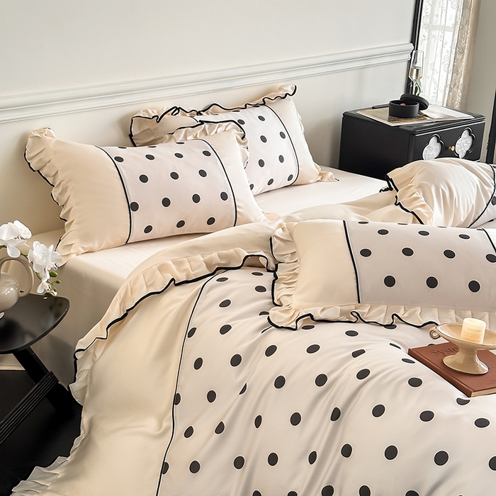 91家纺网 家纺一手货源 找家纺 置顶家纺 2025新款波点双面水洗天丝四件套 波点-奶昔白