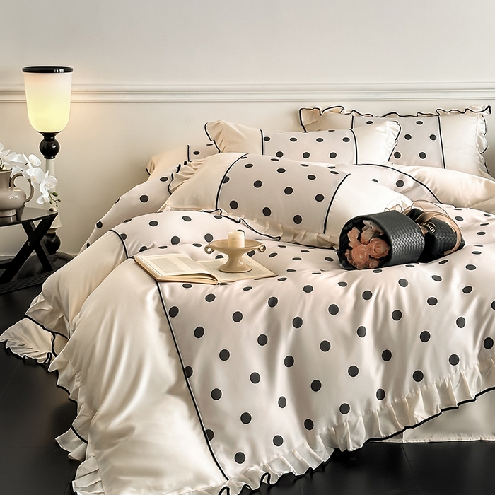 91家纺网 家纺一手货源 找家纺 置顶家纺 2025新款波点双面水洗天丝四件套 波点-奶昔白