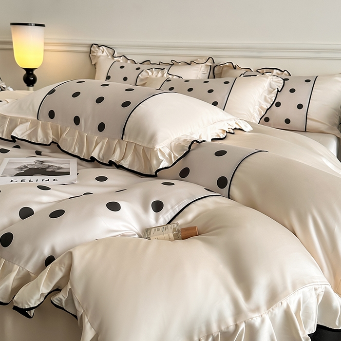 91家纺网 家纺一手货源 找家纺 置顶家纺 2025新款波点双面水洗天丝四件套 波点-奶昔白