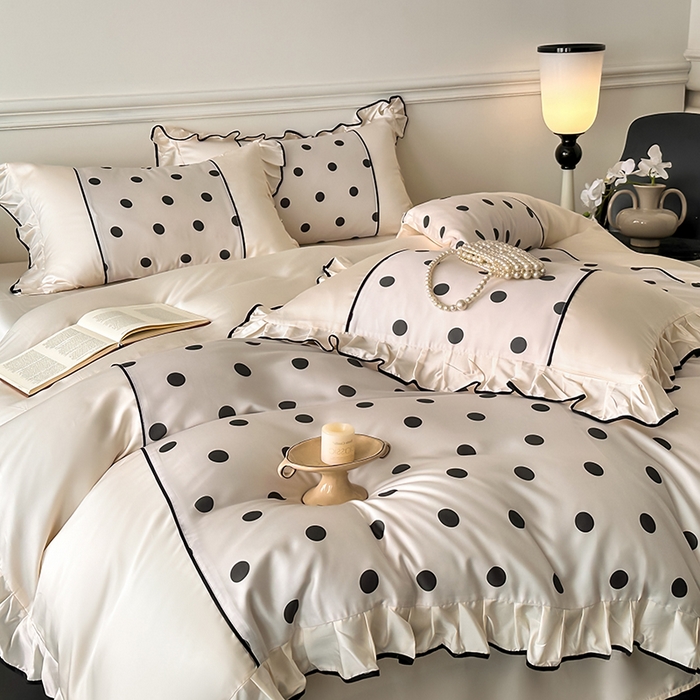 91家纺网 家纺一手货源 找家纺 置顶家纺 2025新款波点双面水洗天丝四件套 波点-奶昔白