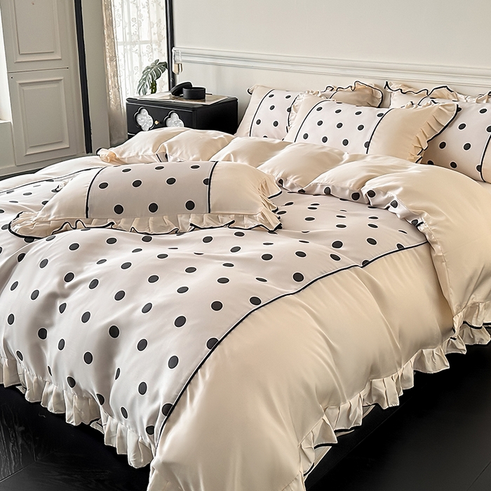 91家纺网 家纺一手货源 找家纺 置顶家纺 2025新款波点双面水洗天丝四件套 波点-奶昔白